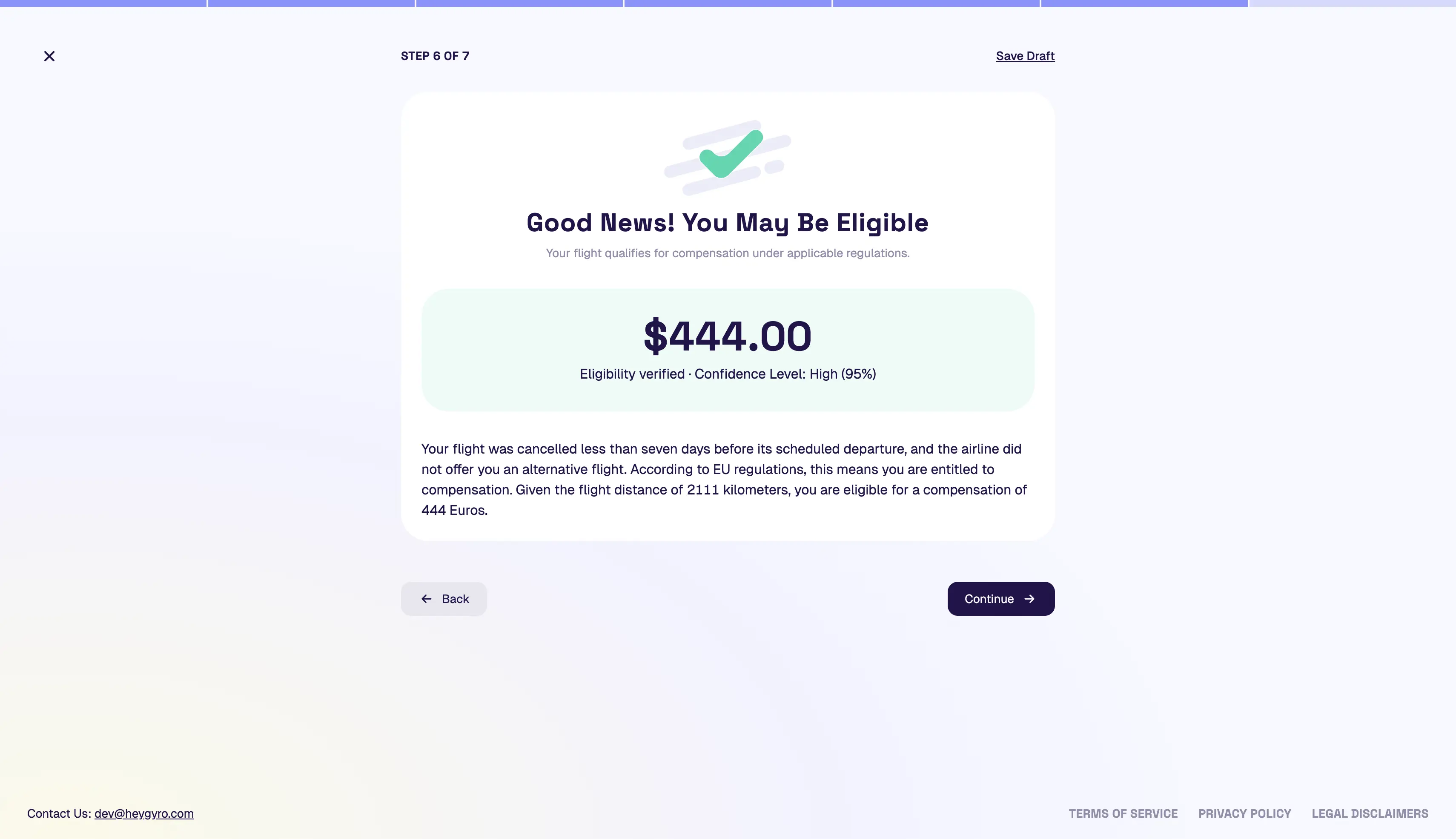 Gyro eligibility result: a verified compensation amount with its confidence level and the EC261 reasoning behind it