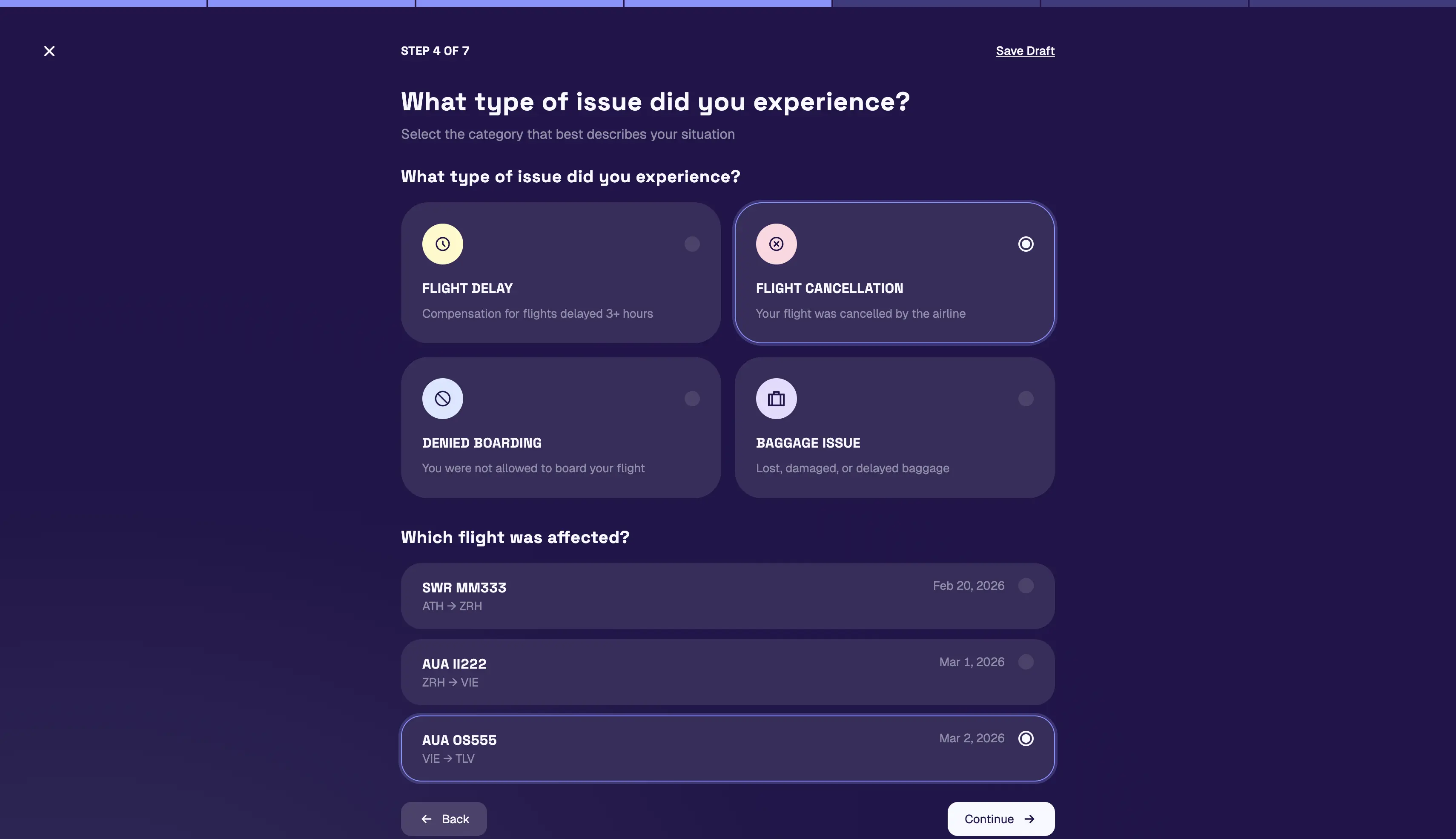 Gyro claim creation: choosing the disruption type, then the affected flight