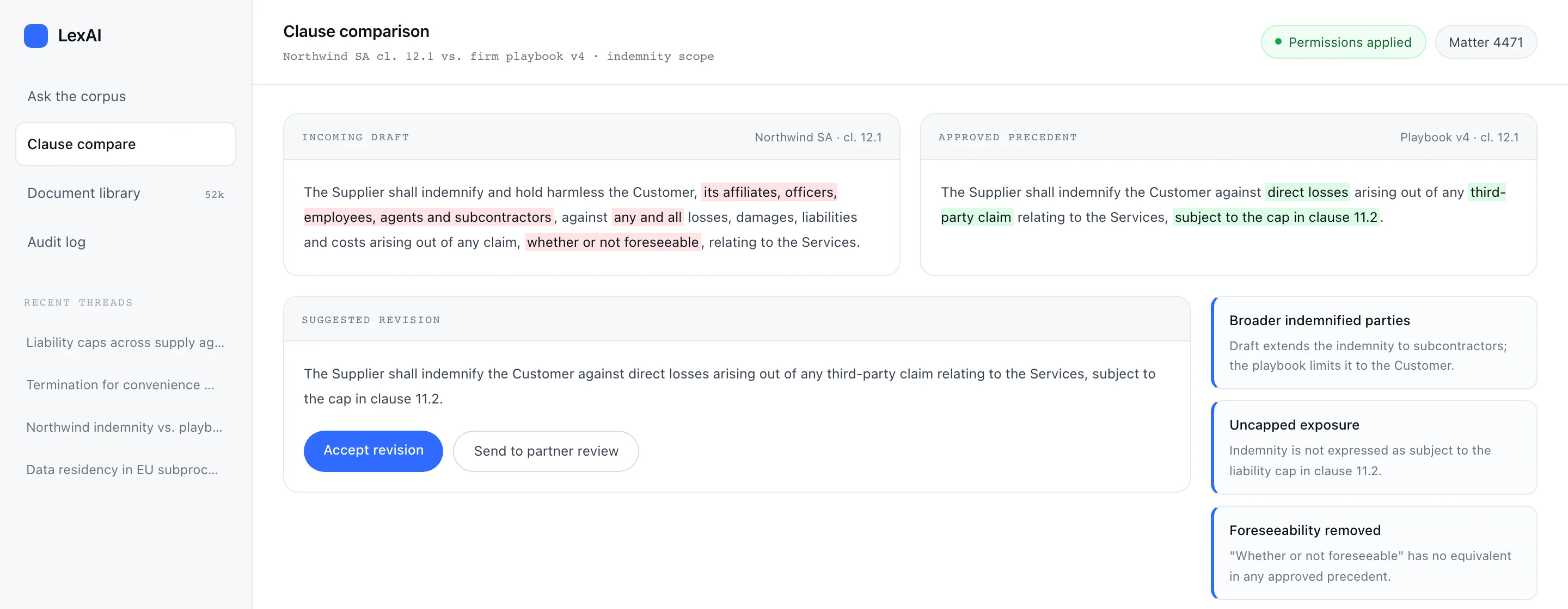 LexAI clause comparison: an incoming draft beside the approved precedent, with a suggested revision and the risks flagged against the firm playbook