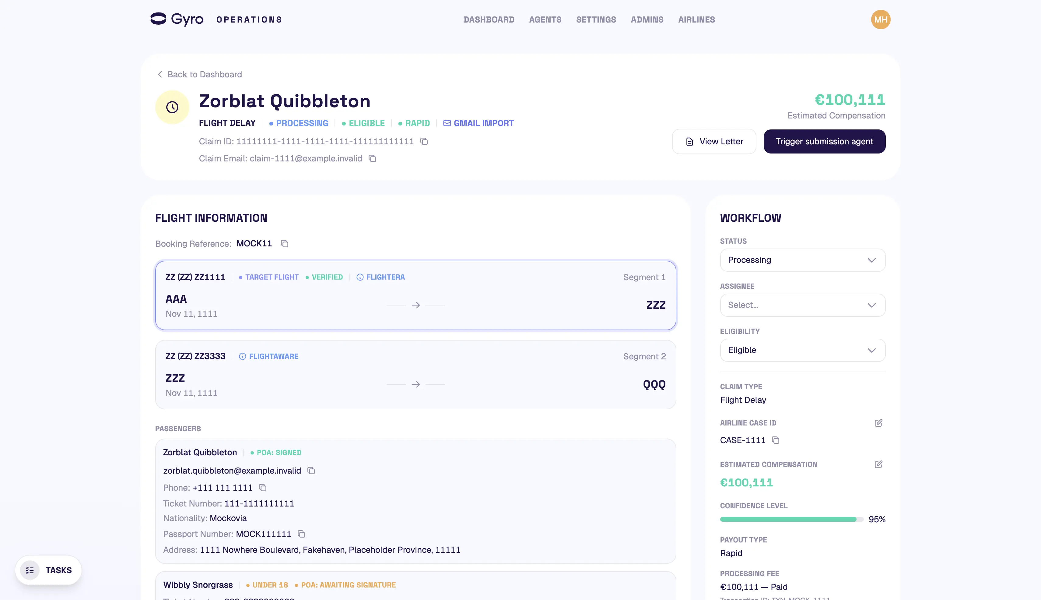 Gyro Operations claim record: flight and passenger details alongside the workflow panel with claim status, confidence level and estimated compensation